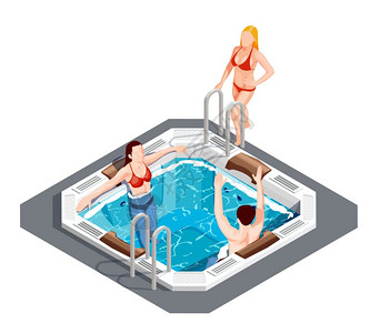 水上公园等距轻人水上公园的热水浴缸里玩得很开心,白色背景的三维等距矢量插图图片