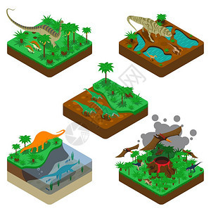 龙等距成龙等距成与陆地飞行水爬行动物土地与植物爆发火山孤立矢量插图图片