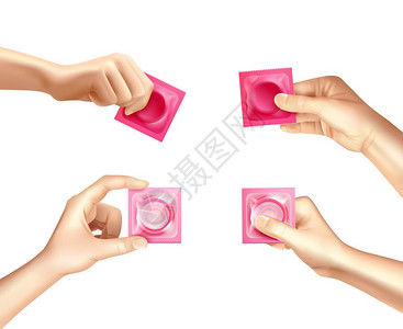 避孕套手现实套女手避孕套粉红色的包装,现实的隔离白色背景矢量插图图片