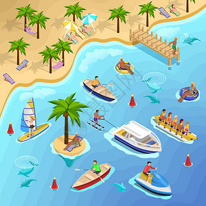 热带海滩划船背景海滩度假等距成与热带景观人们日光浴帆船冲浪香蕉划船矢量插图图片