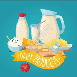 乳制品海报乳制品海报与牛奶凝乳奶酪黄油酸奶黄色丝带蓝色背景矢量插图图片