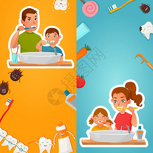 牙齿垂直横幅的家庭卫生家庭卫生的牙齿垂直横幅与父母孩子刷牙牙本质附近的水槽孤立矢量插图图片