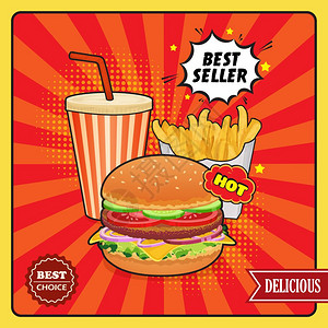 快餐漫画风格海报快餐漫画风格的海报与汉堡饮料薯条土豆红色流行艺术背景矢量插图图片