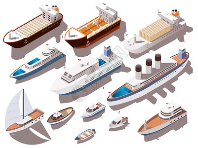 船舶等距装置同大小的船只船只,彩色等距隔离白色背景三维矢量插图上图片