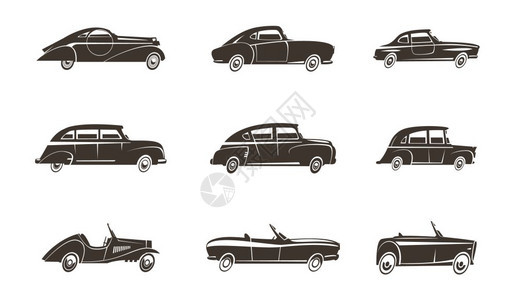 复古汽车黑色图标收藏复古汽车汽车黑色图标收集孤立矢量插图图片