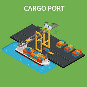 货物港口等距货港与工业船舶装载等距矢量图图片