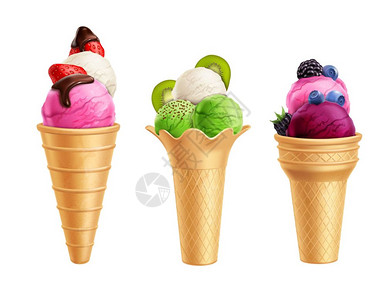 冰淇淋与水果现实真实的套冰淇淋与水果,包括草莓,猕猴桃,蓝莓华夫饼锥分离矢量插图图片