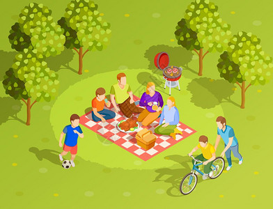 家庭夏季乡村野餐等距视图家庭暑假乡村风格的早午餐野餐与烧烤骑自行车兄弟姐妹等距吊舱矢量插图图片