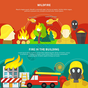 消防横幅彩色消防横幅森林野火燃烧建筑平孤立矢量插图图片