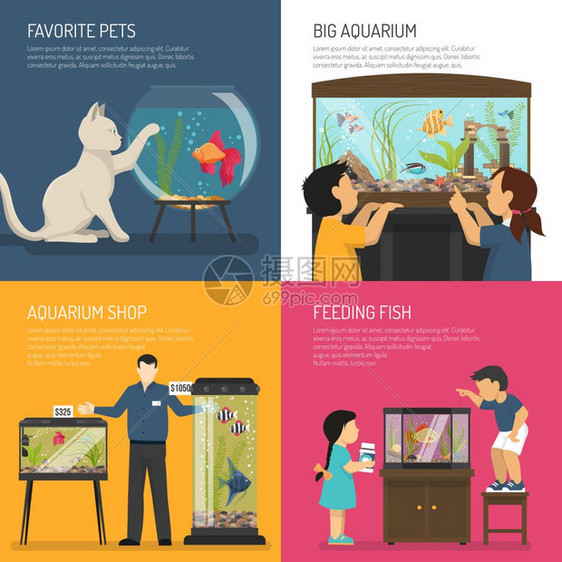 鱼缸理念水族箱构图,以平图像的水族儿童人物与鱼缸矢量插图图片