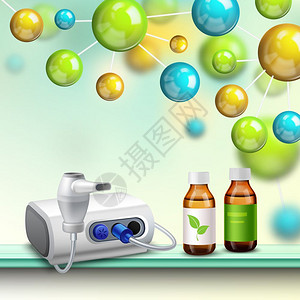 分子健康改善成医用写实成分与热植物药物混合物货架上彩色光泽分子以上的矢量插图图片