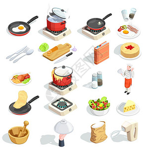 烹饪等距图标收集烹饪图标等距16个图像,食品,香料,厨具烹饪字符矢量插图图片