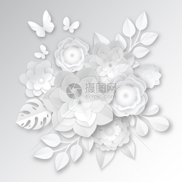 白纸花构图卡优雅的白纸切花三维新娘安排与怪物树叶蝴蝶手工现实矢量