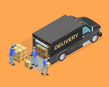 卸载等距卸载等距与卡车箱装载机橙色背景孤立矢量插图图片