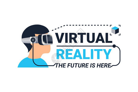 虚拟现实标志型彩色虚拟现实标志与人的脸眼镜未来这里的标题矢量插图图片