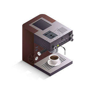 咖啡机等距插图现代咖啡机与杯饮料铭文美国白色背景等距孤立矢量插图图片