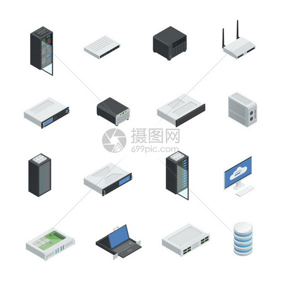 数据中心图标集数据中心服务器云计算等距图标与硬件网络设备基础设施服务器机架矢量图的孤立图像图片