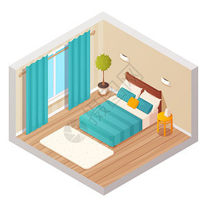 客厅等距内部等距的家庭卧室室内构图与卡通风格的彩色装饰为家庭酒店环境矢量插图图片