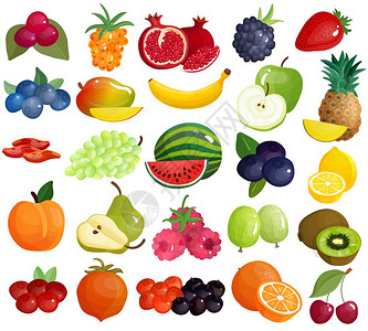 水果浆果五颜六色的图标收藏新鲜的季节农贸市场浆果,热带地中海美味的水果,五颜六色的大图标,收集矢量插图图片