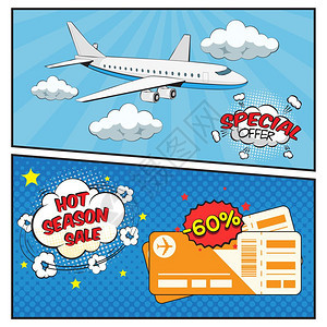 机票销售漫画风格横幅季节销售机票漫画风格横幅与云飞机登机牌孤立矢量插图图片