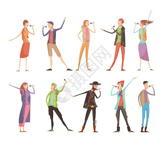 唱歌的人卡拉OK集卡拉OK体聚会上,由十个扁平的孤立人物成,配麦克风五颜六色的服装矢量插图图片