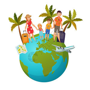家庭假期作文家庭假期作文与孩子父母地球上的行李的棕榈树矢量插图图片