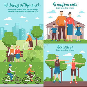 积极的祖父母户外作文活动老人横幅的成与平无脸人物步行公园户外运动活动矢量插图背景图片