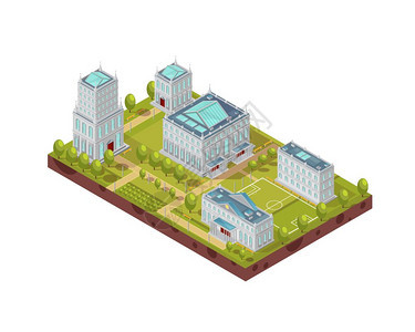 大学建筑的复杂等距布局足球场绿树长凳走道等距布局矢量插图的大学建筑综合体背景图片