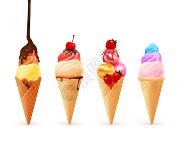 冰淇淋锥品种成冰淇淋锥四个现实的彩色冰淇淋晶片的同口味与浆果浇头矢量插图图片