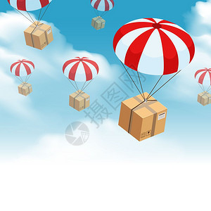 降落伞包裹递送成降落伞盒交付背景与天空云跳伞包裹与这边向上脆弱的标志矢量插图图片