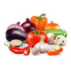 白色背景下的蔬菜成分蔬菜白色背景上的真实成分与番茄洋葱甜辣椒茄子,大蒜,菜菇矢量插图图片