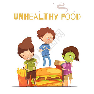 垃圾食品害影响卡通海报健康的垃圾食品害影响警告复古卡通海报与汉堡包生病的儿童矢量插图图片