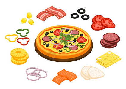 烹饪披萨的用菠萝橄榄奶酪平孤立矢量插图烹饪比萨饼的图片
