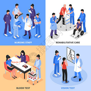 医院4等距图标医院工作人员4等距图标正方形与视觉血液测试康复护士隔离矢量插图图片