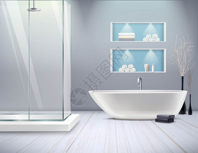 现实的浴室内部现实浴室内部新的时尚翻新浴室与淋浴浴缸矢量插图图片