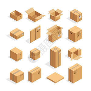 等距包装盒等距纸箱包装盒图像同大小的邮政标志,这边向上脆弱的矢量插图图片