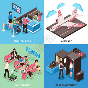 机场飞等距机场飞4等距图标方形海报与航登记登机控制隔离矢量插图图片