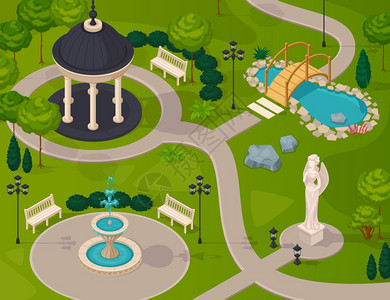 公园景观等距成公园景观等距构图与凉亭雕像喷泉湖步行路径矢量插图图片