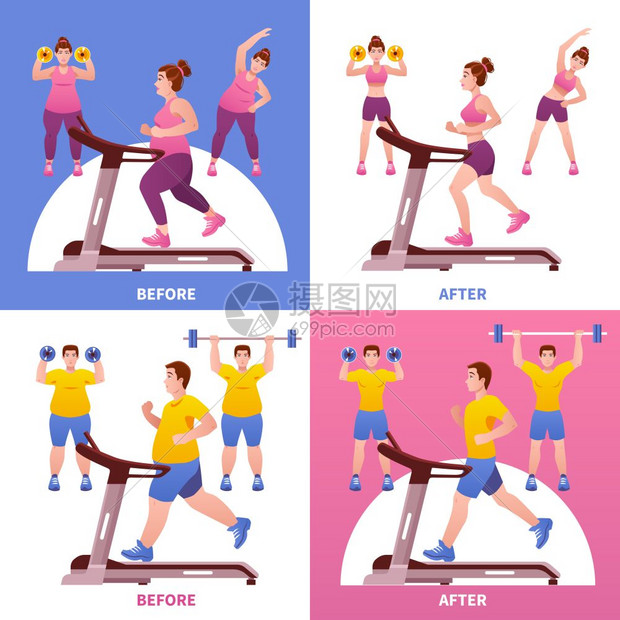 健身理念四个方形彩色适应度与描述前后矢量插图图片