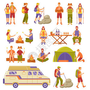 户外夏季旅游图标户外夏季旅行图标与轻人休息露营徒步旅行平矢量插图图片