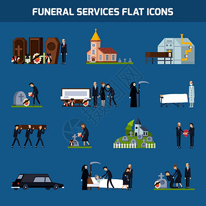葬礼服务平图标彩色葬礼服务平图标死亡数字悲伤的人矢量插图背景图片