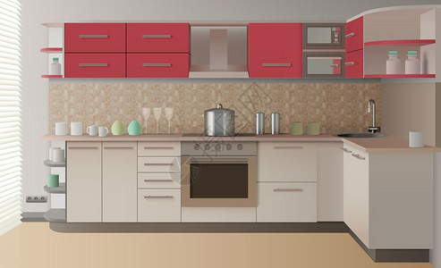 现实的厨房内部现代风格的现实厨房内部创建演示目录广告杂志矢量插图图片