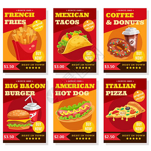 快餐海报套套红色海报与快餐,咖啡甜甜圈矢量插图图片