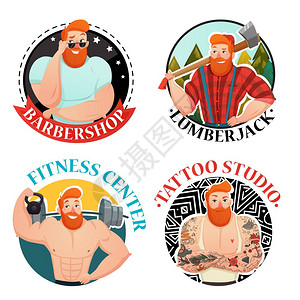 四个标签上残暴的男人图标四个标签与残暴的男人标题理发店伐木工人健身中心纹身工作室平卡通矢量插图图片