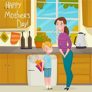 母亲节卡通背景母亲节礼物作文与妈妈孩子用花式盒子卡通人物厨房内部矢量插图图片