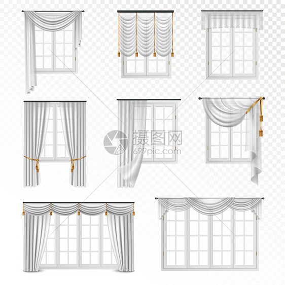 逼真的窗帘套收集真实的窗户与窗帘经典风格的八个平图像透明背景矢量插图图片