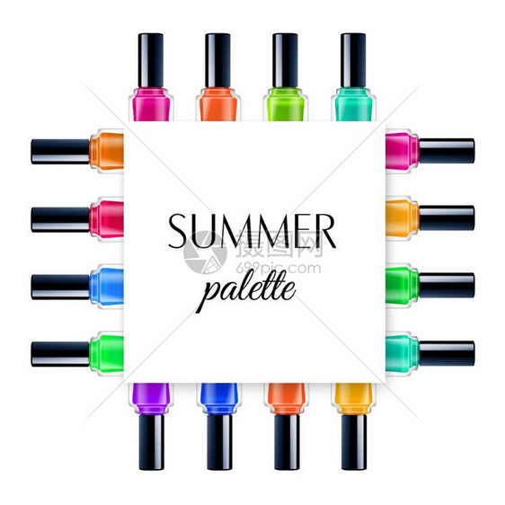 夏季调色板框架现实的框架与彩色夏季调色板指甲抛光白色背景矢量插图图片