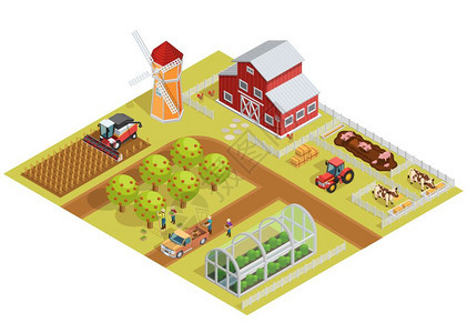 农场等距模板农场等距模板与园林树木,动物,农用车辆,农民磨坊温室矢量插图图片