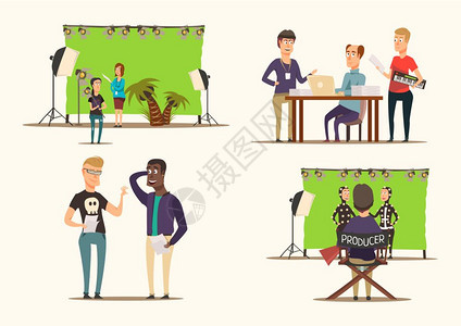 电影制作2x2电影制作过程拍摄队人物2x2平孤立白色背景矢量插图上图片