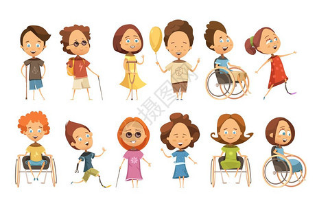 残疾孩子们准备好了残疾儿童坐轮椅上,用拐杖假肢盲人隔离矢量插图图片